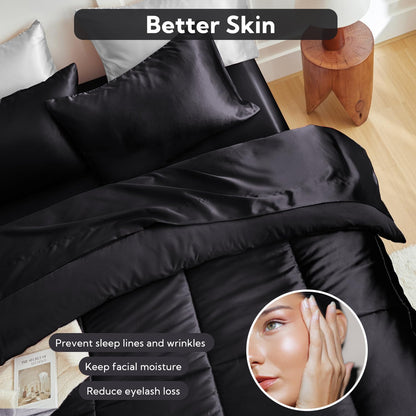 MR&HM Queen Comforter Set Black, Reversible Satin Microfiber Comforter Set for All Seasons, 3 Pieces Non-Slip Silky Soft Bedding Sets with 1 Comforter (90"x90") and 2 Pillowcases (20"x26")