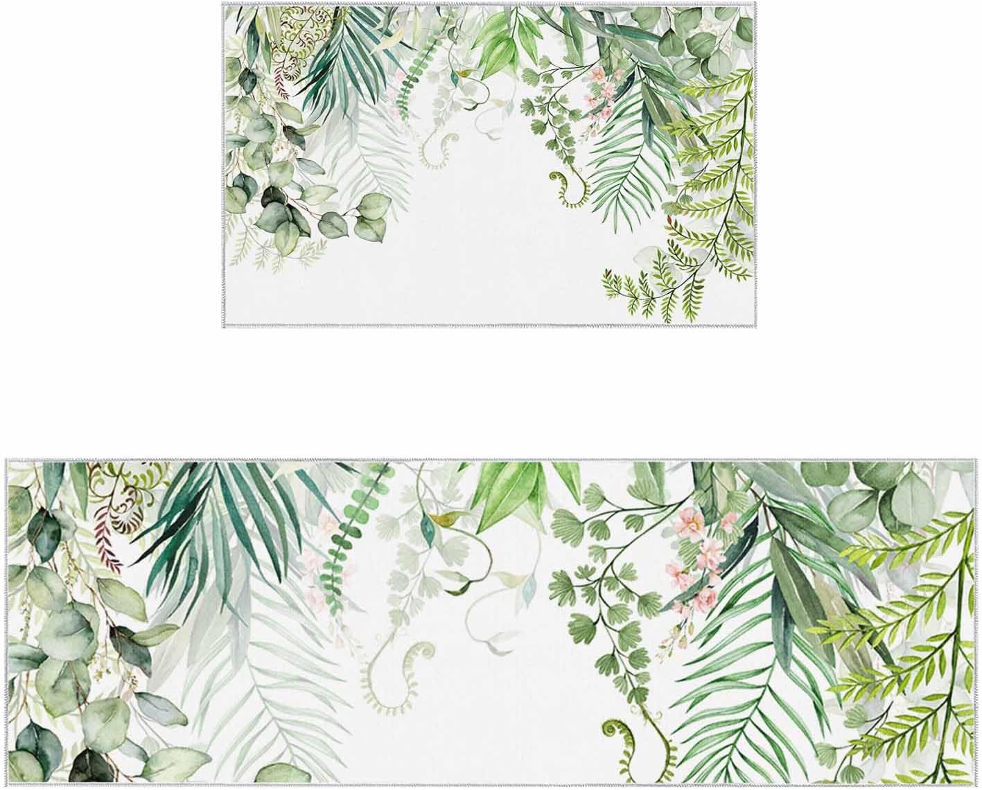 Spring Summer Kitchen Rugs and Mats Set of 2 Green Eucalyptus Leaves Kitchen Sink Mat Watercolor Ferns Plants Non-Slip Area Runner Rug,Washable Floor Mat for Home Dining Room Office 16"x24"+16"x47"