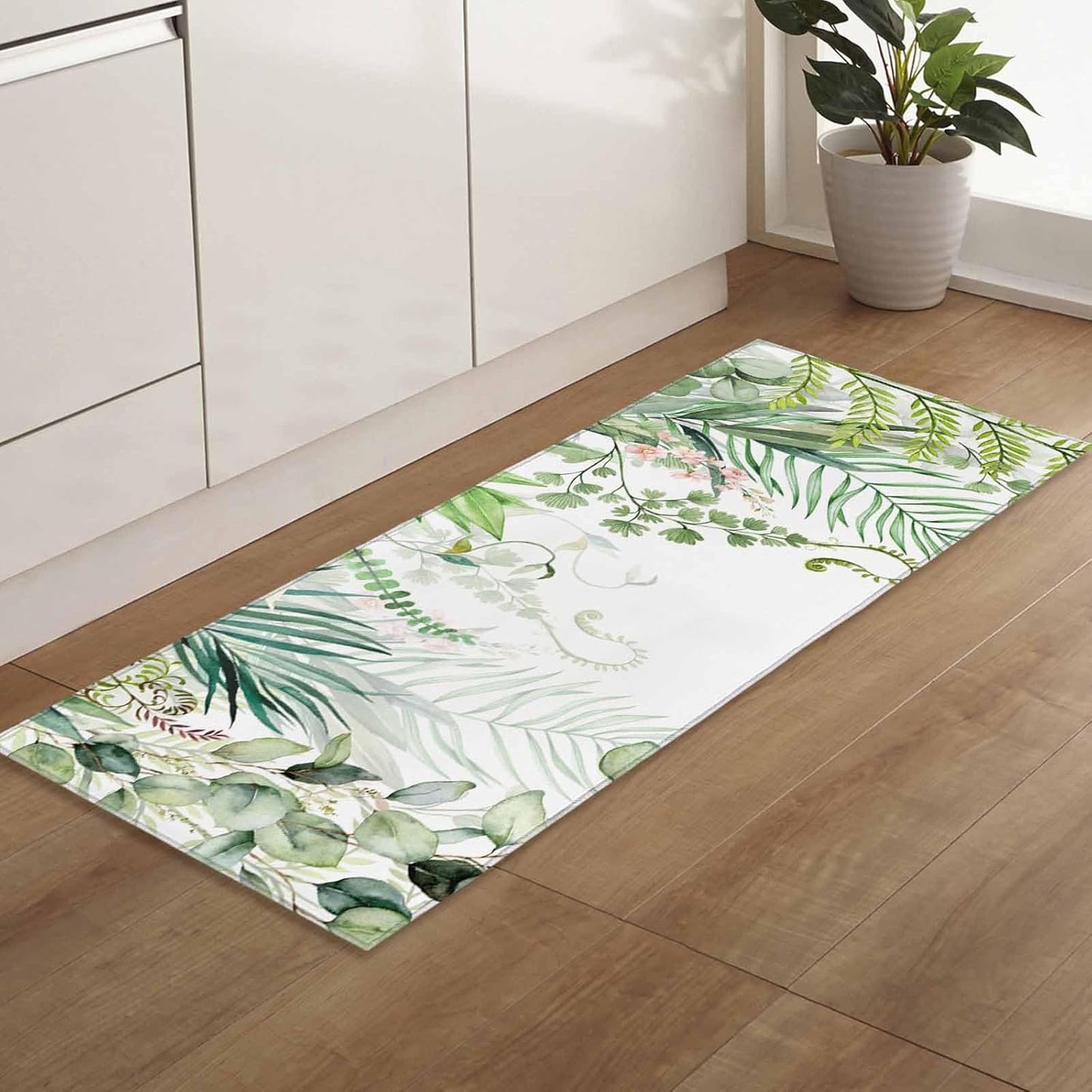Spring Summer Kitchen Rugs and Mats Set of 2 Green Eucalyptus Leaves Kitchen Sink Mat Watercolor Ferns Plants Non-Slip Area Runner Rug,Washable Floor Mat for Home Dining Room Office 16"x24"+16"x47"