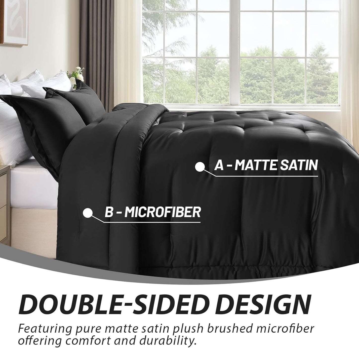 Cosmoluxe King Size Comforter Set, Satin Comforter Sets for All Season, 3 Pieces Reversible Lightweight and Breathable Bedding Sets with 1 Silky Comforter and 2 Pillow Shams (Black)