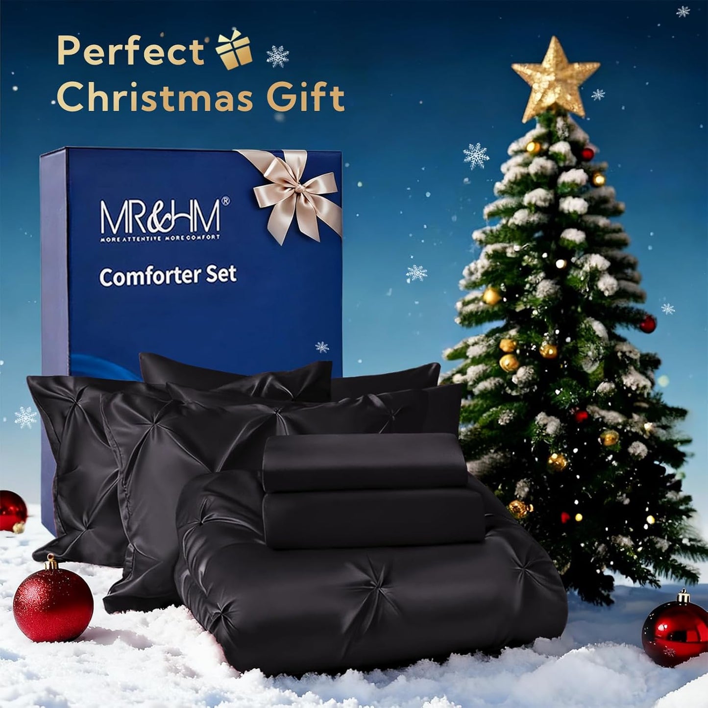 MR&HM Satin Comforter Queen 7 Pieces - Luxurious Pinch Pleat Bedding Set with Comforter, Flat Sheet, Fitted Sheet, Pillowcases & Shams, Super Silky Soft Bed Set for All Season (Queen, Black)