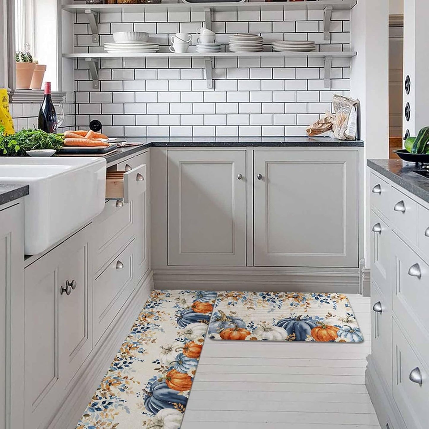 Blue Pumpkins Fall Kitchen Rugs and Mats Set, Thanksgiving Orange White Pumpkin Bathroom Rug Non Slip Floor Mat, Eucalyptus Leaves Botanical Autumn Anti-Fatigue Comfort Mat for Kitchen