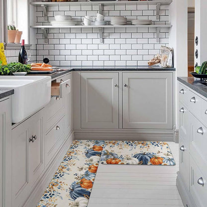 Blue Pumpkins Fall Kitchen Rugs and Mats Set, Thanksgiving Orange White Pumpkin Bathroom Rug Non Slip Floor Mat, Eucalyptus Leaves Botanical Autumn Anti-Fatigue Comfort Mat for Kitchen