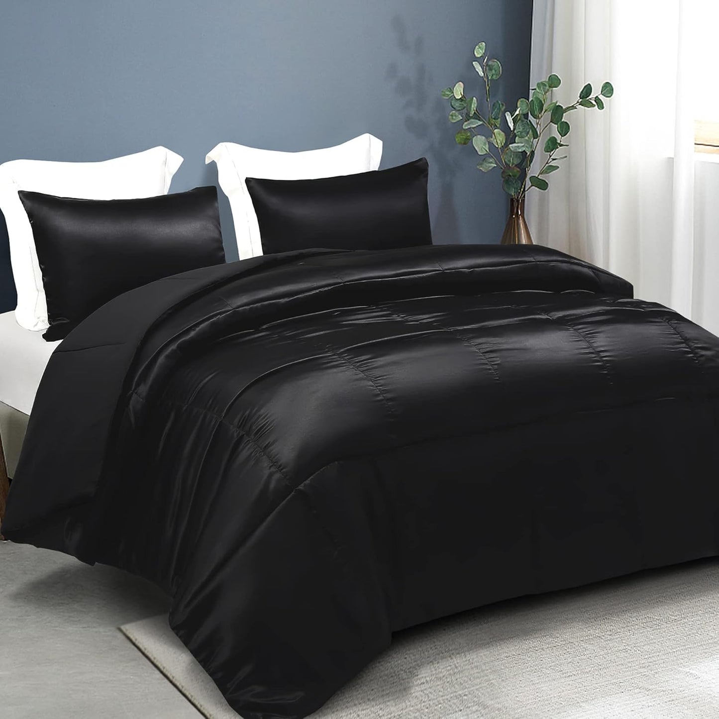 Whale Flotilla 3-Piece Reversible Silky Soft King Size Comforter Bedding Set, Luxurious Satin Comforters Oversized with 2 Satin Pillowcases, Lightweight Duvet for All Seasons, Black