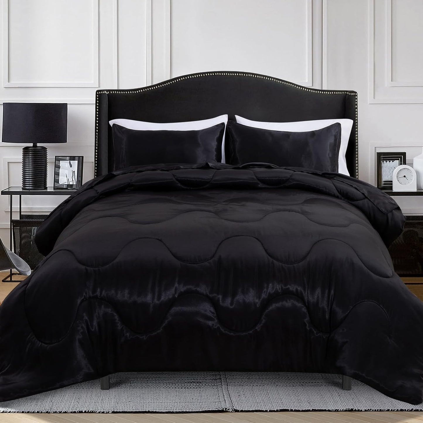 A Nice Night Satin Silky Soft Quilt Luxury Super Soft Microfiber Bedding Thin Comforter Set Full/Queen, Light Weighted (Black, Queen)