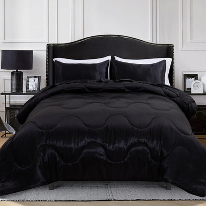 A Nice Night Satin Silky Soft Quilt Luxury Super Soft Microfiber Bedding Thin Comforter Set Full/Queen, Light Weighted (Black, Queen)