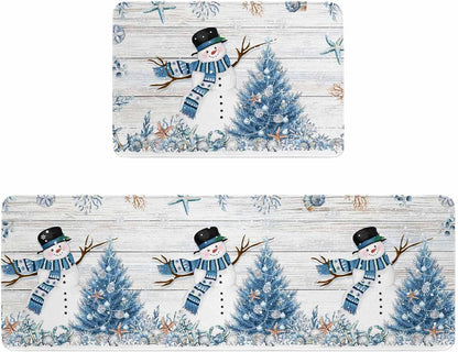 Blue Pumpkins Fall Kitchen Rugs and Mats Set, Thanksgiving Orange White Pumpkin Bathroom Rug Non Slip Floor Mat, Eucalyptus Leaves Botanical Autumn Anti-Fatigue Comfort Mat for Kitchen