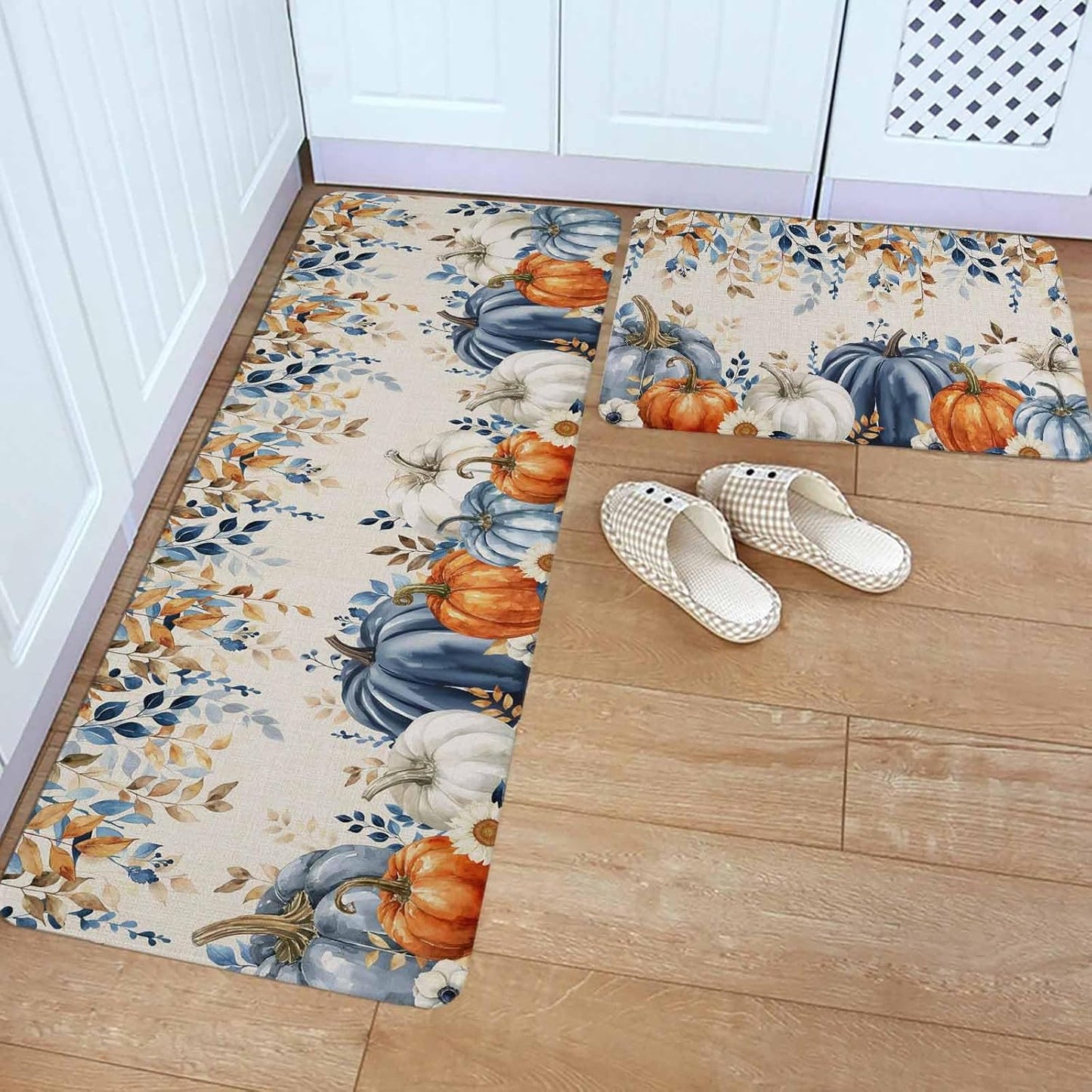 Blue Pumpkins Fall Kitchen Rugs and Mats Set, Thanksgiving Orange White Pumpkin Bathroom Rug Non Slip Floor Mat, Eucalyptus Leaves Botanical Autumn Anti-Fatigue Comfort Mat for Kitchen