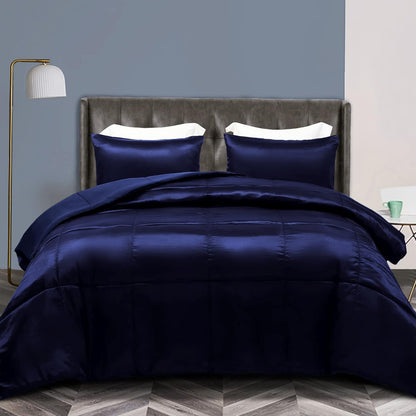 Whale Flotilla 3-Piece Reversible Silky Soft King Size Comforter Bedding Set, Luxurious Satin Comforters Oversized with 2 Satin Pillowcases, Lightweight Duvet for All Seasons, Black