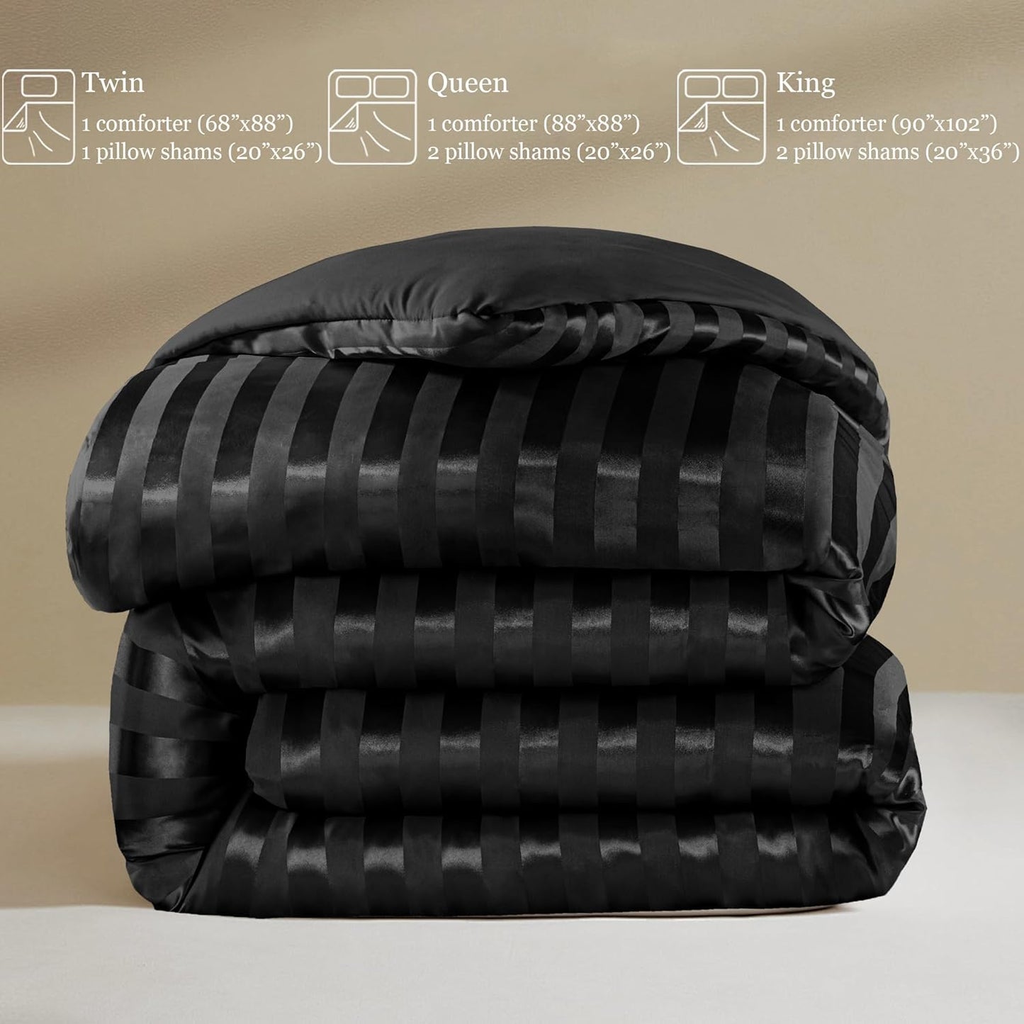 Whale Flotilla 3-Piece Reversible Silky Soft King Size Comforter Set, Luxury Stripe Satin Oversized Comforter Bedding Set with 2 Satin Pillowcases, Lightweight Duvet for All Seasons, Black