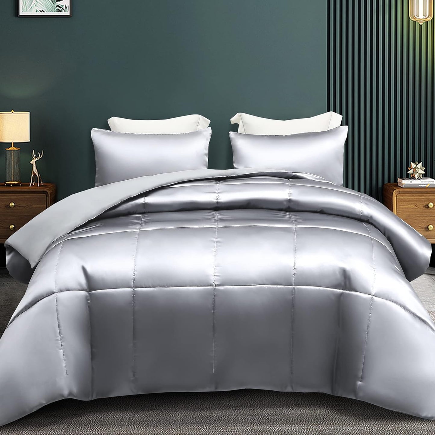 Whale Flotilla 3-Piece Reversible Silky Soft King Size Comforter Bedding Set, Luxurious Satin Comforters Oversized with 2 Satin Pillowcases, Lightweight Duvet for All Seasons, Black