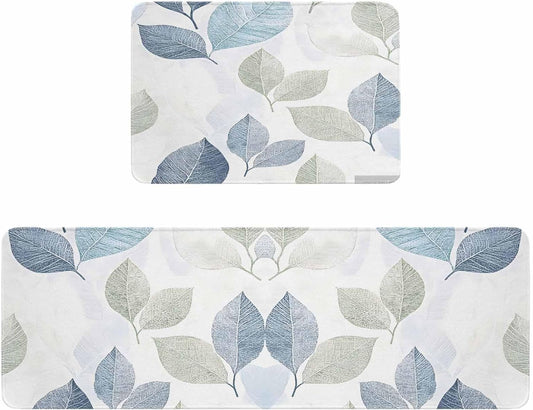 Sage Green Blue Leaves Kitchen Rugs and Mats Set of 2, Non-Slip Kitchen Sink Mat, Vintage Rustic Botanical Doormat Bathroom Rugs Runner for Bedroom/Living Room 19.7"x31.5"+19.7"x63"