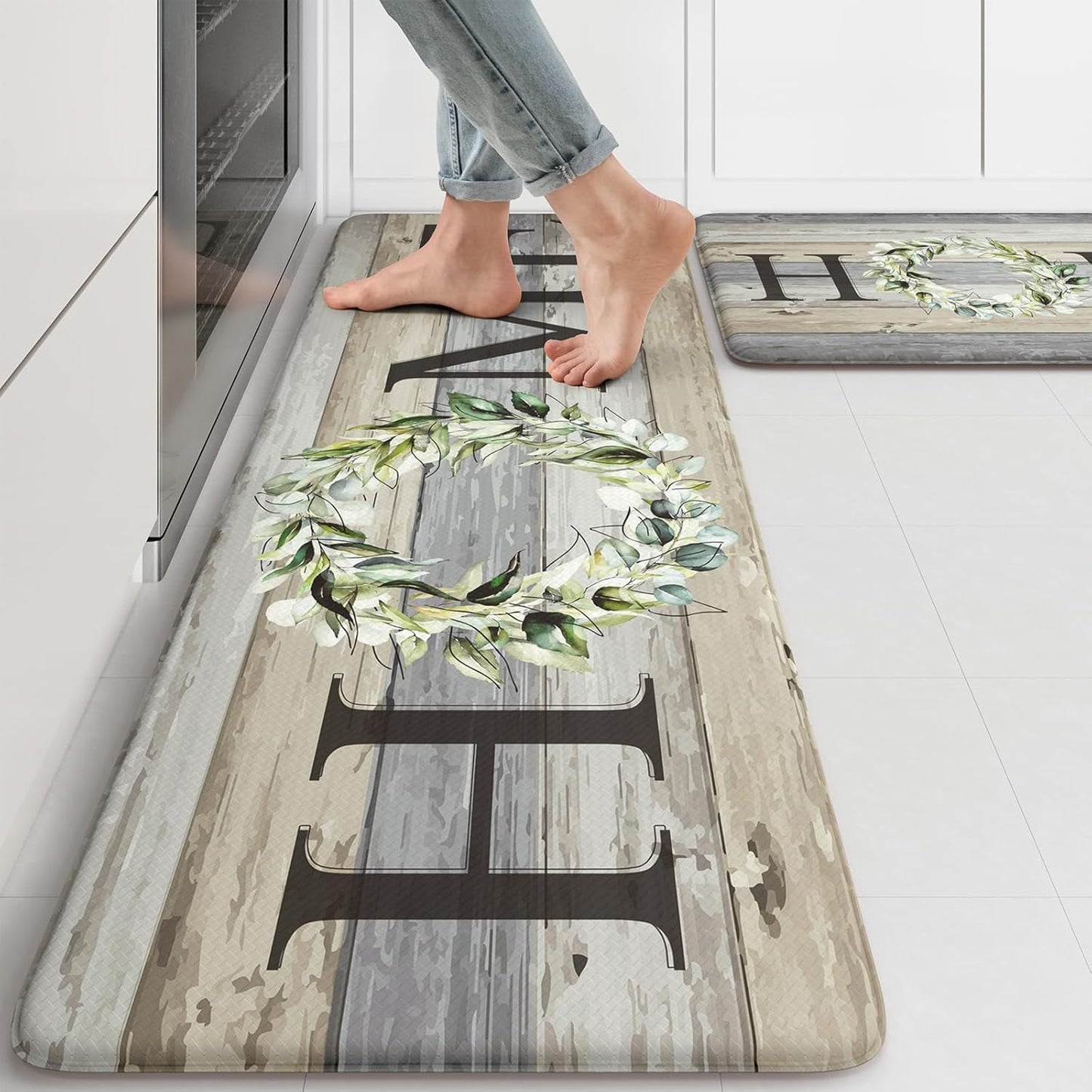 KIMODE Kitchen Anti Fatigue Rug Set of 2, Ergonomic Standing Kitchen Mat Set 2PCS, Farmhouse Kitchen Runner Stain Resistant, Non Slip Waterproof Kitchen Mats for Floor, 20" x 71" + 20" x 32", White