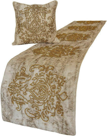 The HomeCentric King/Queen/Twin Blue Designer King 90"x18" Bed Runner with 2 Pillow Cover, Floral, Embroidered, Jute Lace & Lace Bed Scarf on Cotton Fabric - Morning Glories