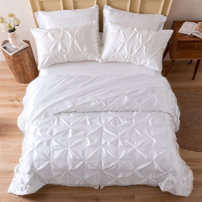 MR&HM Satin Comforter Queen 7 Pieces - Luxurious Pinch Pleat Bedding Set with Comforter, Flat Sheet, Fitted Sheet, Pillowcases & Shams, Super Silky Soft Bed Set for All Season (Queen, Black)