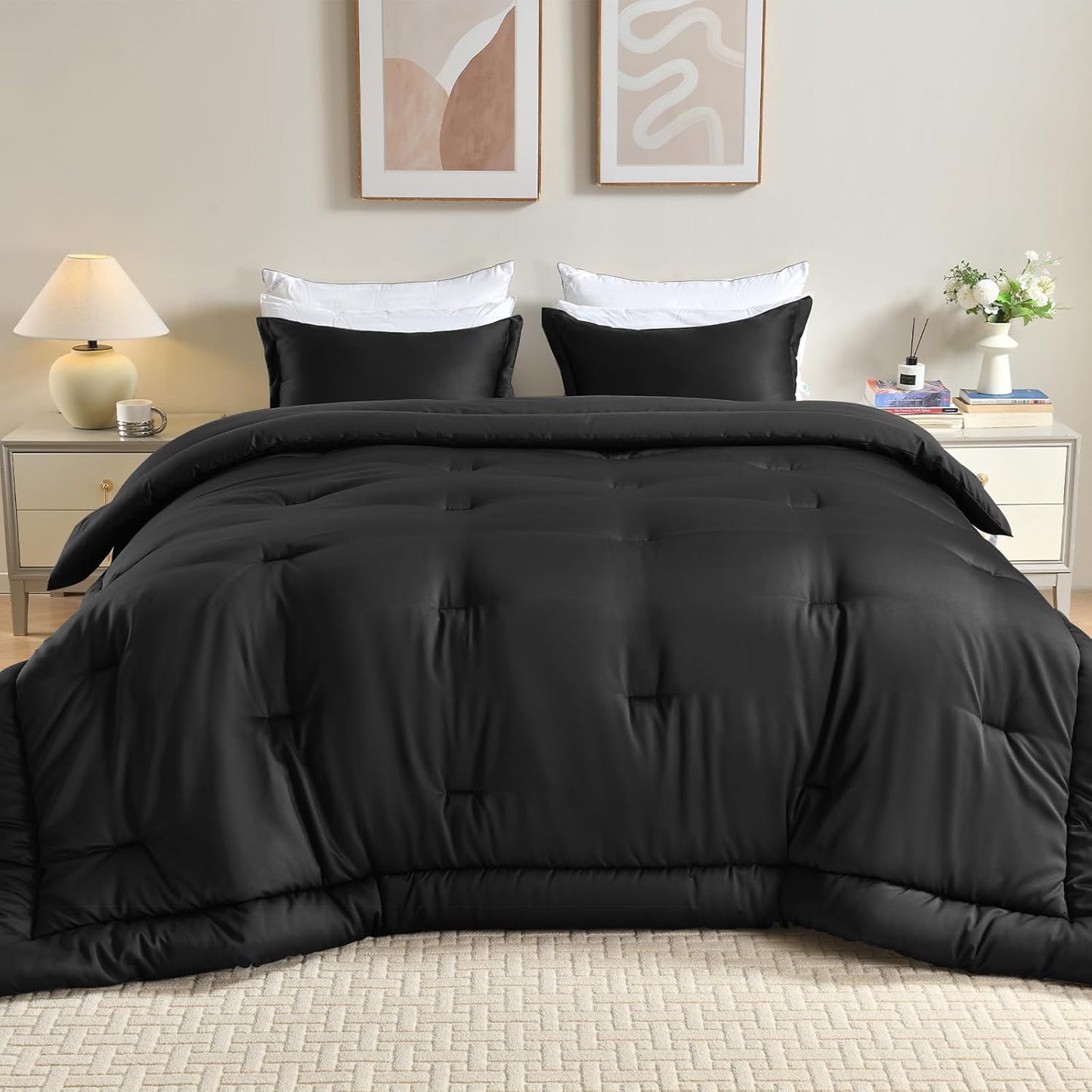 Cosmoluxe King Size Comforter Set, Satin Comforter Sets for All Season, 3 Pieces Reversible Lightweight and Breathable Bedding Sets with 1 Silky Comforter and 2 Pillow Shams (Black)