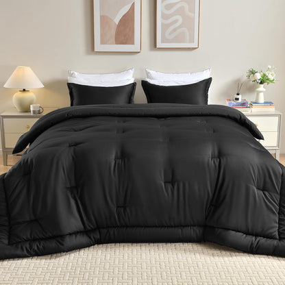 Cosmoluxe King Size Comforter Set, Satin Comforter Sets for All Season, 3 Pieces Reversible Lightweight and Breathable Bedding Sets with 1 Silky Comforter and 2 Pillow Shams (Black)