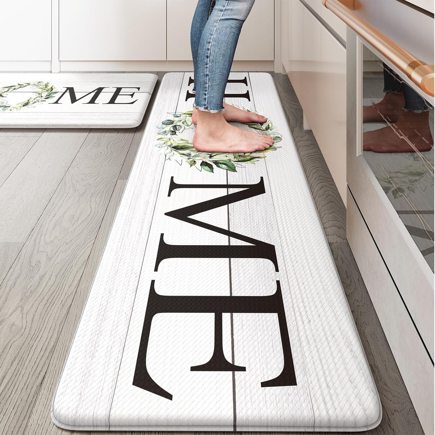 KIMODE Kitchen Anti Fatigue Rug Set of 2, Ergonomic Standing Kitchen Mat Set 2PCS, Farmhouse Kitchen Runner Stain Resistant, Non Slip Waterproof Kitchen Mats for Floor, 20" x 71" + 20" x 32", White