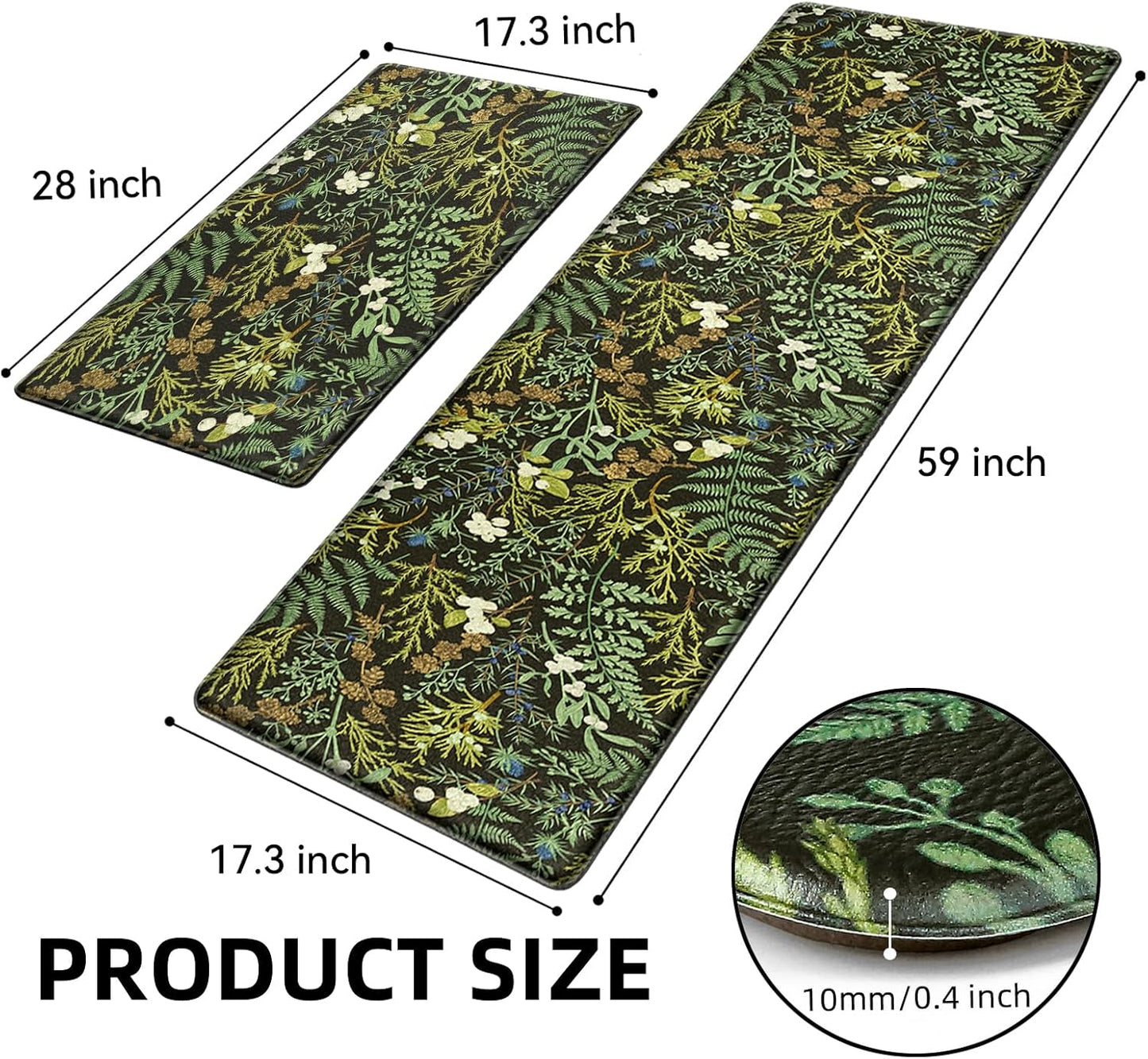 Black Green Botanical Kitchen Rugs Set of 2 Plant Leaf Anti-Fatigue Kitchen Mat Natural Comfort Standing Waterproof PVC Mats 2/5" Thick Leather Carpet for Laundry Office Sink(17.3" x28" + 17.3" x 59")