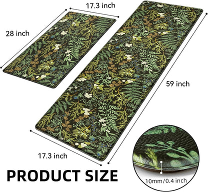Black Green Botanical Kitchen Rugs Set of 2 Plant Leaf Anti-Fatigue Kitchen Mat Natural Comfort Standing Waterproof PVC Mats 2/5" Thick Leather Carpet for Laundry Office Sink(17.3" x28" + 17.3" x 59")