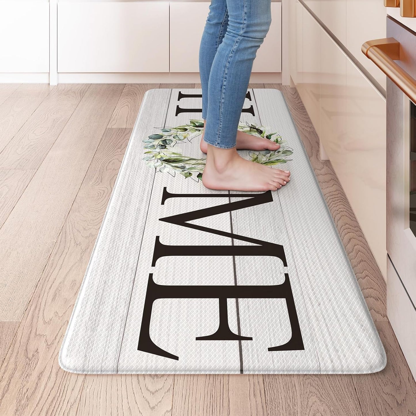 KIMODE Kitchen Anti Fatigue Rug Set of 2, Ergonomic Standing Kitchen Mat Set 2PCS, Farmhouse Kitchen Runner Stain Resistant, Non Slip Waterproof Kitchen Mats for Floor, 20" x 71" + 20" x 32", White