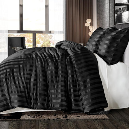 Whale Flotilla 3-Piece Reversible Silky Soft King Size Comforter Set, Luxury Stripe Satin Oversized Comforter Bedding Set with 2 Satin Pillowcases, Lightweight Duvet for All Seasons, Black