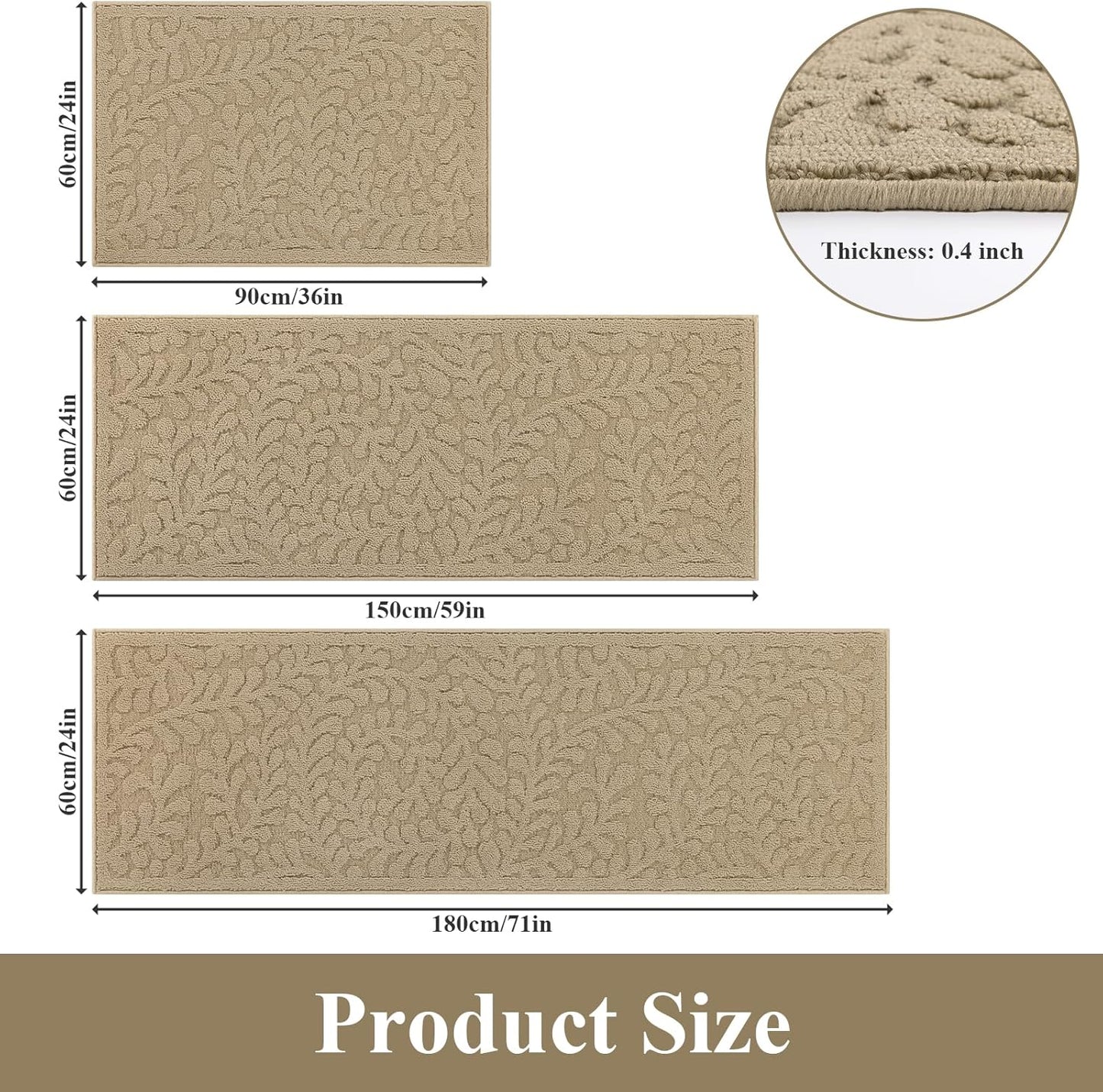 SHACOS Kitchen Rugs Sets of 3 Non Slip Washable Polypropylene Low Pile Absorbent Resist Dirt Kitchen Floor Mat 3 Piece for Entryway, Hallway, Front of Sink (24"x36"+24"x59"+24"x71", Leaves Beige)