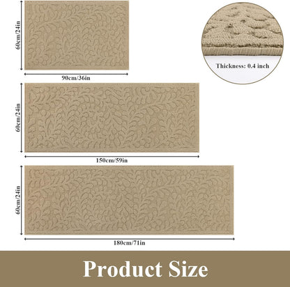 SHACOS Kitchen Rugs Sets of 3 Non Slip Washable Polypropylene Low Pile Absorbent Resist Dirt Kitchen Floor Mat 3 Piece for Entryway, Hallway, Front of Sink (24"x36"+24"x59"+24"x71", Leaves Beige)