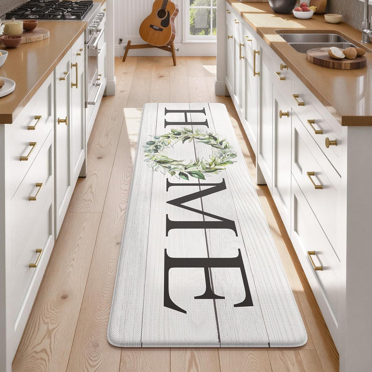 KIMODE Kitchen Anti Fatigue Rug Set of 2, Ergonomic Standing Kitchen Mat Set 2PCS, Farmhouse Kitchen Runner Stain Resistant, Non Slip Waterproof Kitchen Mats for Floor, 20" x 71" + 20" x 32", White