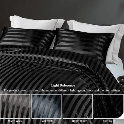 Whale Flotilla 3-Piece Reversible Silky Soft King Size Comforter Set, Luxury Stripe Satin Oversized Comforter Bedding Set with 2 Satin Pillowcases, Lightweight Duvet for All Seasons, Black