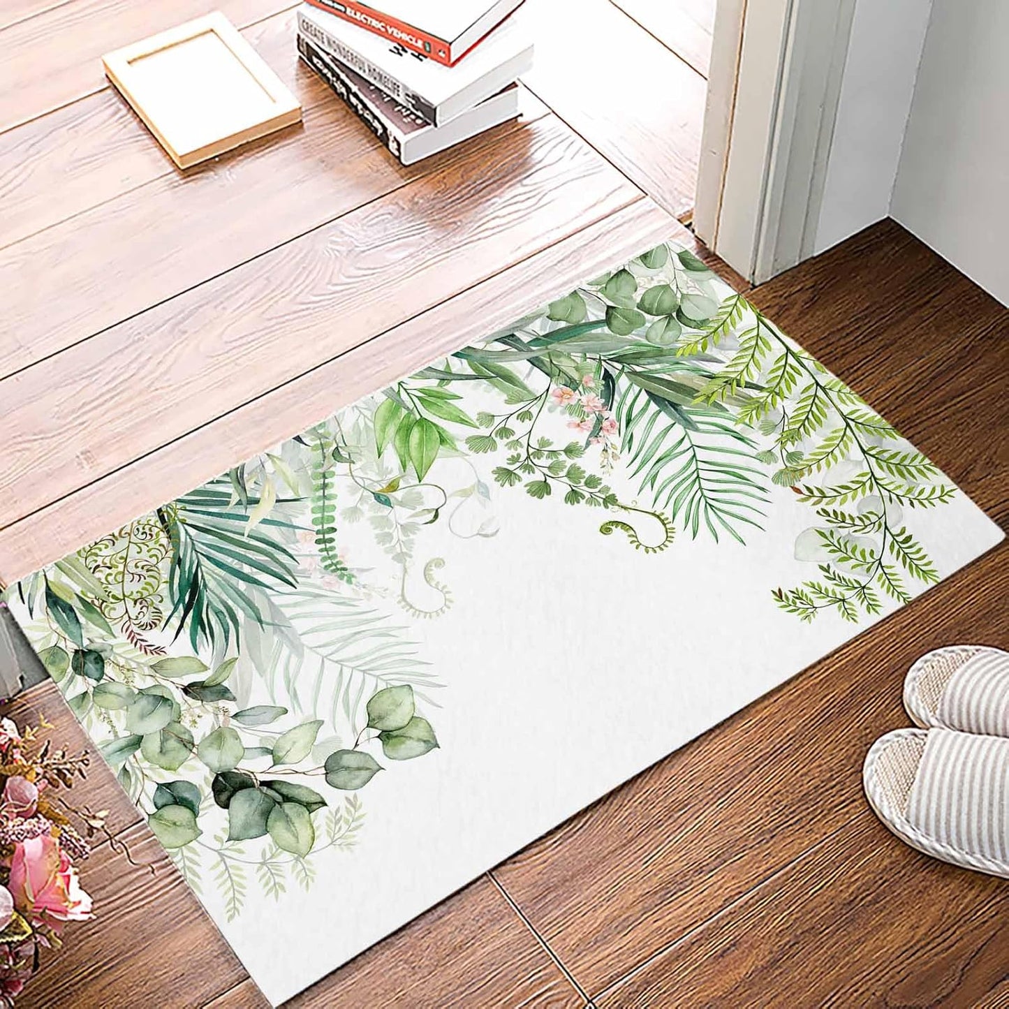 Spring Summer Kitchen Rugs and Mats Set of 2 Green Eucalyptus Leaves Kitchen Sink Mat Watercolor Ferns Plants Non-Slip Area Runner Rug,Washable Floor Mat for Home Dining Room Office 16"x24"+16"x47"