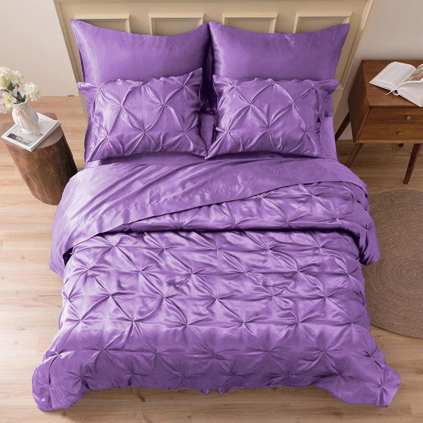 MR&HM Satin Comforter Queen 7 Pieces - Luxurious Pinch Pleat Bedding Set with Comforter, Flat Sheet, Fitted Sheet, Pillowcases & Shams, Super Silky Soft Bed Set for All Season (Queen, Black)