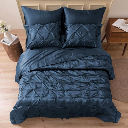 MR&HM Satin Comforter Queen 7 Pieces - Luxurious Pinch Pleat Bedding Set with Comforter, Flat Sheet, Fitted Sheet, Pillowcases & Shams, Super Silky Soft Bed Set for All Season (Queen, Black)