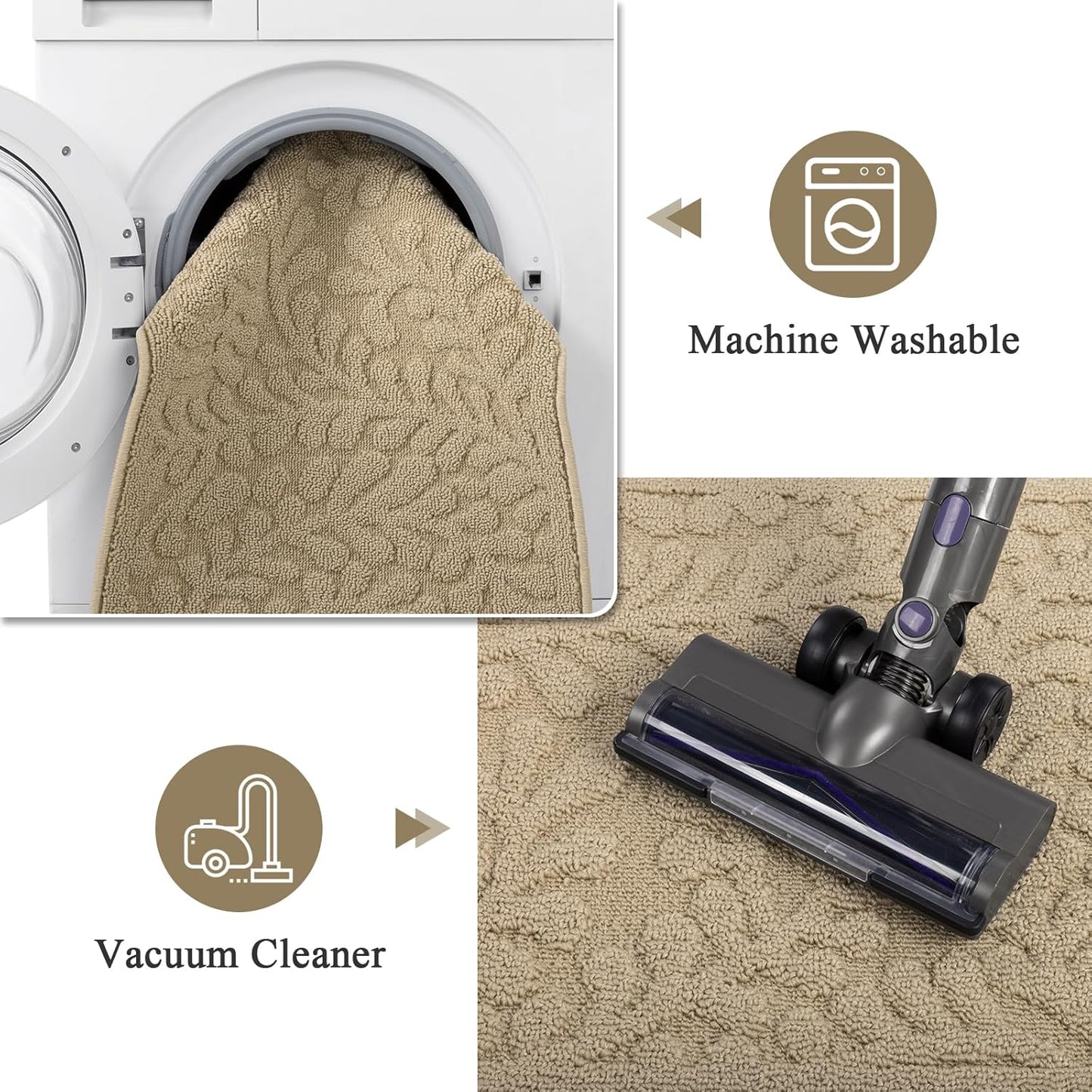 SHACOS Kitchen Rugs Sets of 3 Non Slip Washable Polypropylene Low Pile Absorbent Resist Dirt Kitchen Floor Mat 3 Piece for Entryway, Hallway, Front of Sink (24"x36"+24"x59"+24"x71", Leaves Beige)