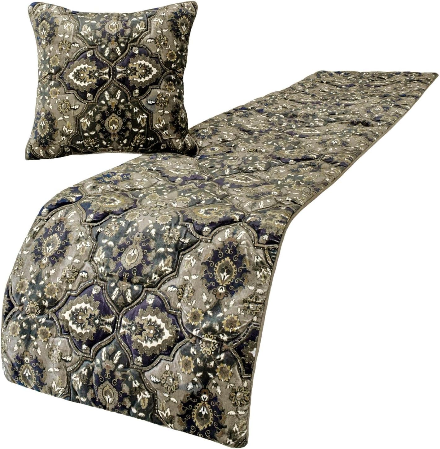 The HomeCentric King/Queen/Twin Blue Designer King 90"x18" Bed Runner with 2 Pillow Cover, Floral, Embroidered, Jute Lace & Lace Bed Scarf on Cotton Fabric - Morning Glories