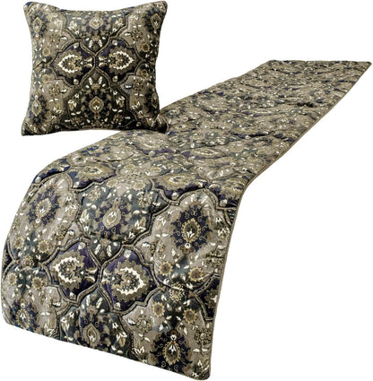 The HomeCentric King/Queen/Twin Blue Designer King 90"x18" Bed Runner with 2 Pillow Cover, Floral, Embroidered, Jute Lace & Lace Bed Scarf on Cotton Fabric - Morning Glories