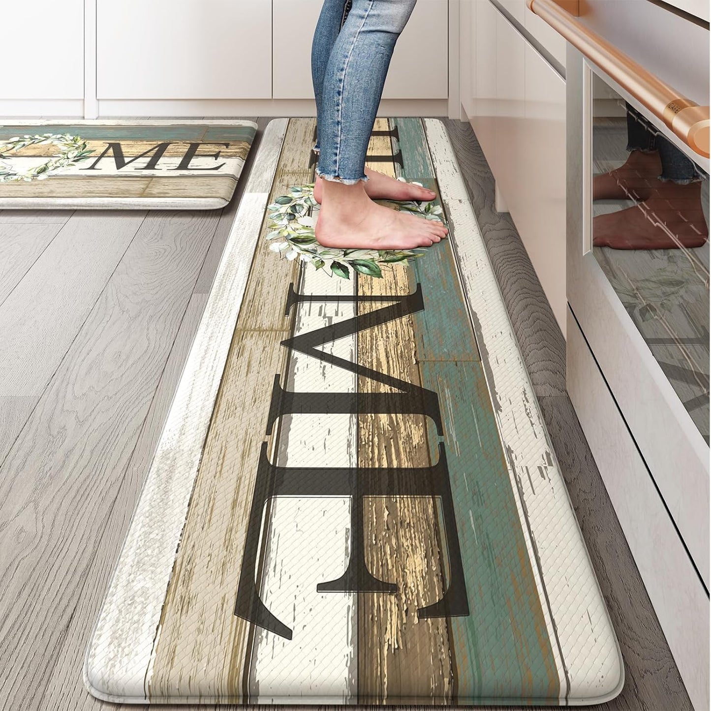 KIMODE Kitchen Anti Fatigue Rug Set of 2, Ergonomic Standing Kitchen Mat Set 2PCS, Farmhouse Kitchen Runner Stain Resistant, Non Slip Waterproof Kitchen Mats for Floor, 20" x 71" + 20" x 32", White