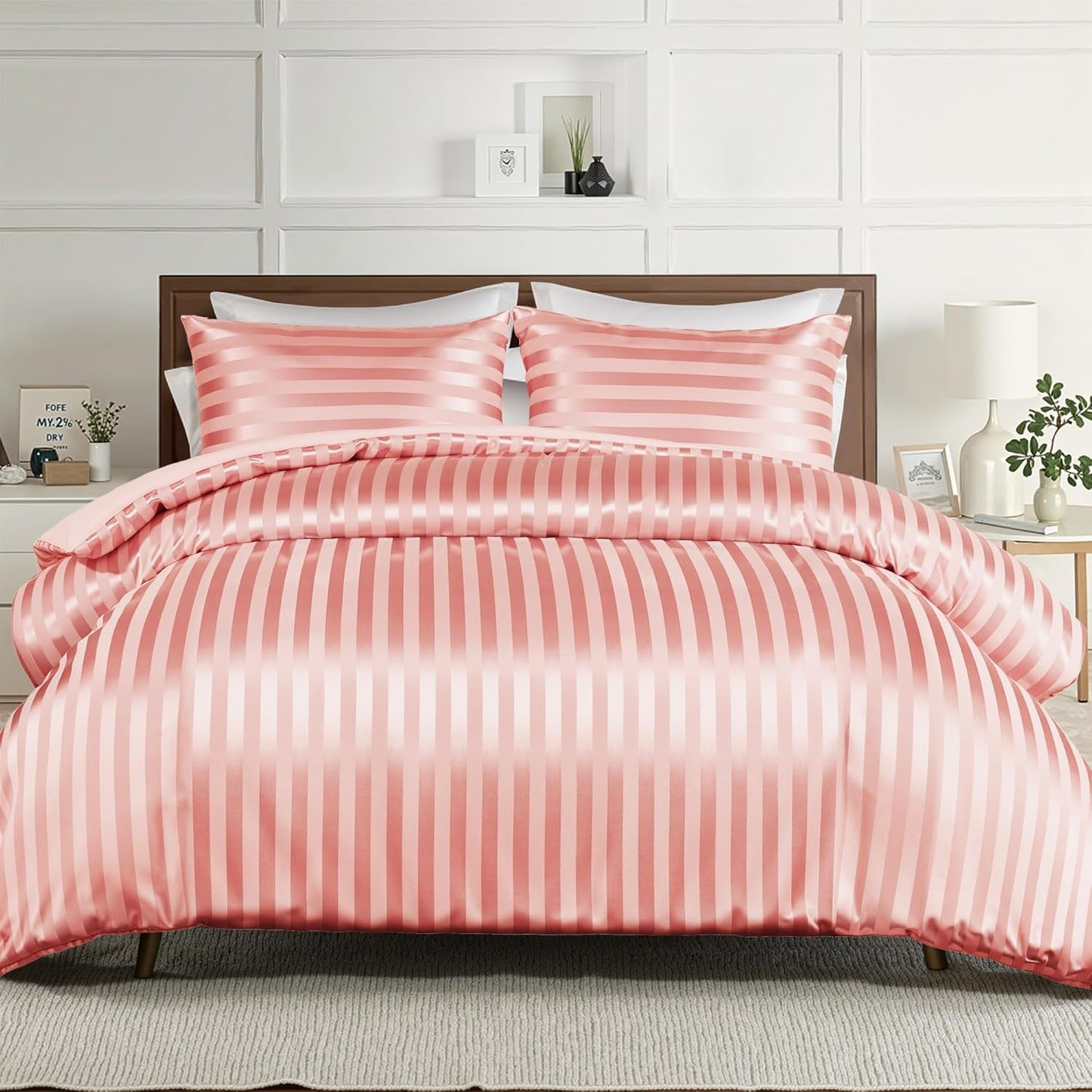 Whale Flotilla 3-Piece Reversible Silky Soft King Size Comforter Set, Luxury Stripe Satin Oversized Comforter Bedding Set with 2 Satin Pillowcases, Lightweight Duvet for All Seasons, Black