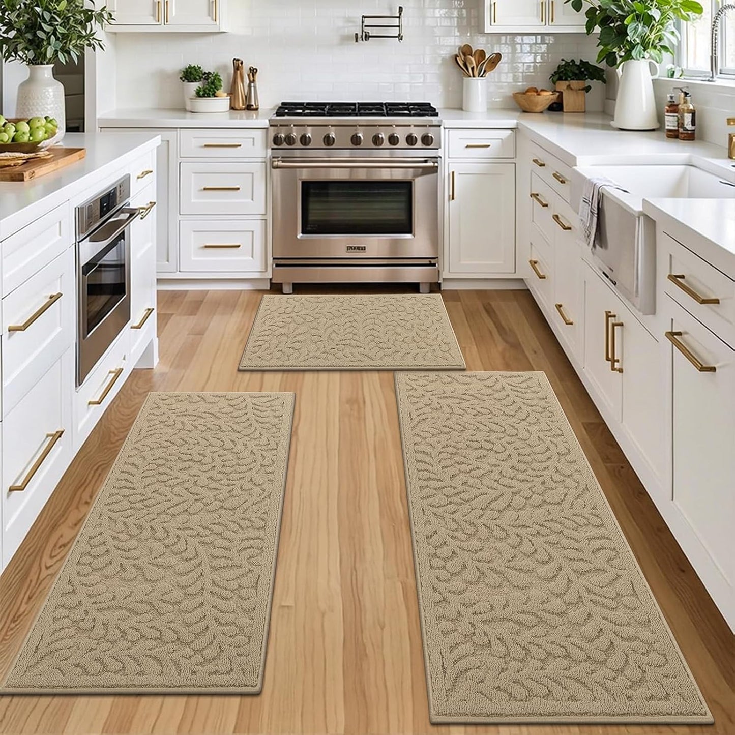 SHACOS Kitchen Rugs Sets of 3 Non Slip Washable Polypropylene Low Pile Absorbent Resist Dirt Kitchen Floor Mat 3 Piece for Entryway, Hallway, Front of Sink (24"x36"+24"x59"+24"x71", Leaves Beige)
