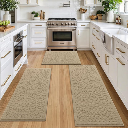 SHACOS Kitchen Rugs Sets of 3 Non Slip Washable Polypropylene Low Pile Absorbent Resist Dirt Kitchen Floor Mat 3 Piece for Entryway, Hallway, Front of Sink (24"x36"+24"x59"+24"x71", Leaves Beige)