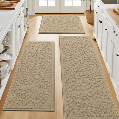 SHACOS Kitchen Rugs Sets of 3 Non Slip Washable Polypropylene Low Pile Absorbent Resist Dirt Kitchen Floor Mat 3 Piece for Entryway, Hallway, Front of Sink (24"x36"+24"x59"+24"x71", Leaves Beige)