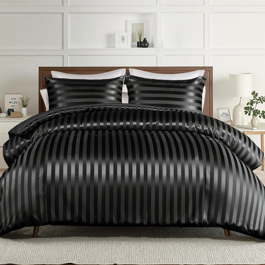 Whale Flotilla 3-Piece Reversible Silky Soft King Size Comforter Set, Luxury Stripe Satin Oversized Comforter Bedding Set with 2 Satin Pillowcases, Lightweight Duvet for All Seasons, Black