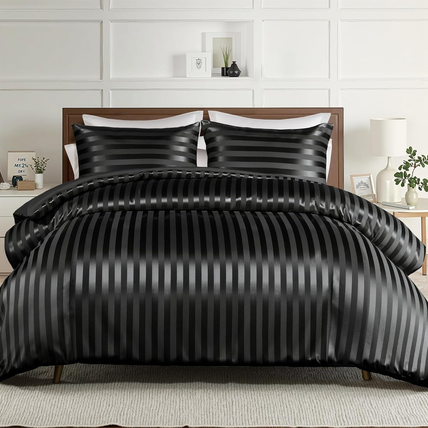 Whale Flotilla 3-Piece Reversible Silky Soft King Size Comforter Bedding Set, Luxurious Satin Comforters Oversized with 2 Satin Pillowcases, Lightweight Duvet for All Seasons, Black