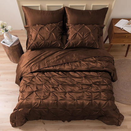MR&HM Satin Comforter Queen 7 Pieces - Luxurious Pinch Pleat Bedding Set with Comforter, Flat Sheet, Fitted Sheet, Pillowcases & Shams, Super Silky Soft Bed Set for All Season (Queen, Black)