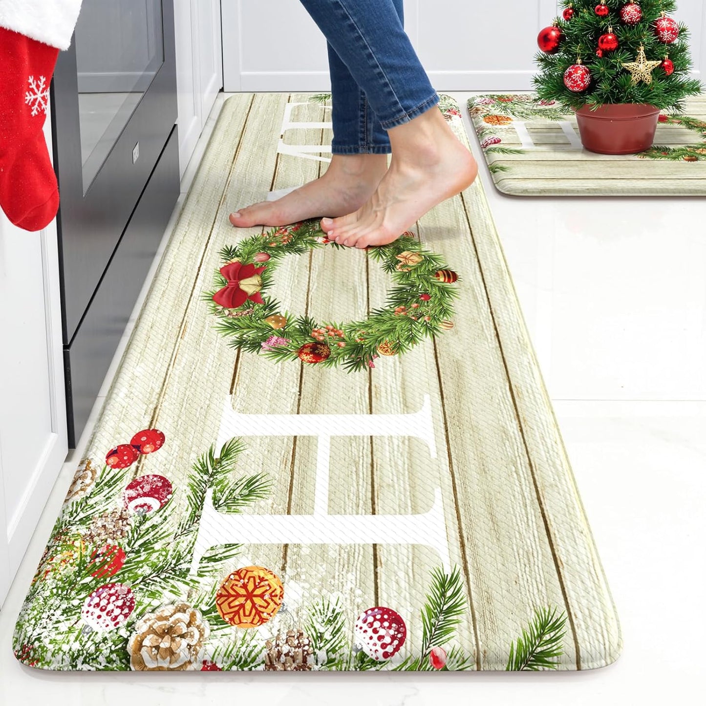 KIMODE Kitchen Anti Fatigue Rug Set of 2, Ergonomic Standing Kitchen Mat Set 2PCS, Farmhouse Kitchen Runner Stain Resistant, Non Slip Waterproof Kitchen Mats for Floor, 20" x 71" + 20" x 32", White