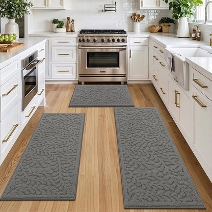SHACOS Kitchen Rugs Sets of 3 Non Slip Washable Polypropylene Low Pile Absorbent Resist Dirt Kitchen Floor Mat 3 Piece for Entryway, Hallway, Front of Sink (24"x36"+24"x59"+24"x71", Leaves Beige)