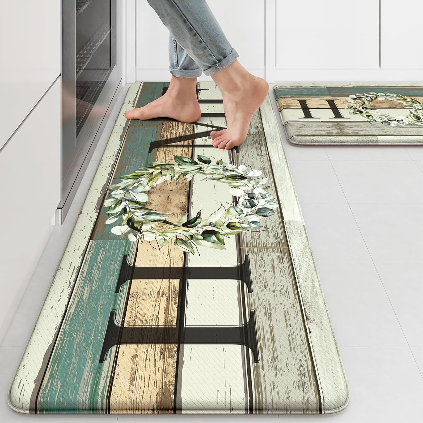 KIMODE Kitchen Anti Fatigue Rug Set of 2, Ergonomic Standing Kitchen Mat Set 2PCS, Farmhouse Kitchen Runner Stain Resistant, Non Slip Waterproof Kitchen Mats for Floor, 20" x 71" + 20" x 32", White