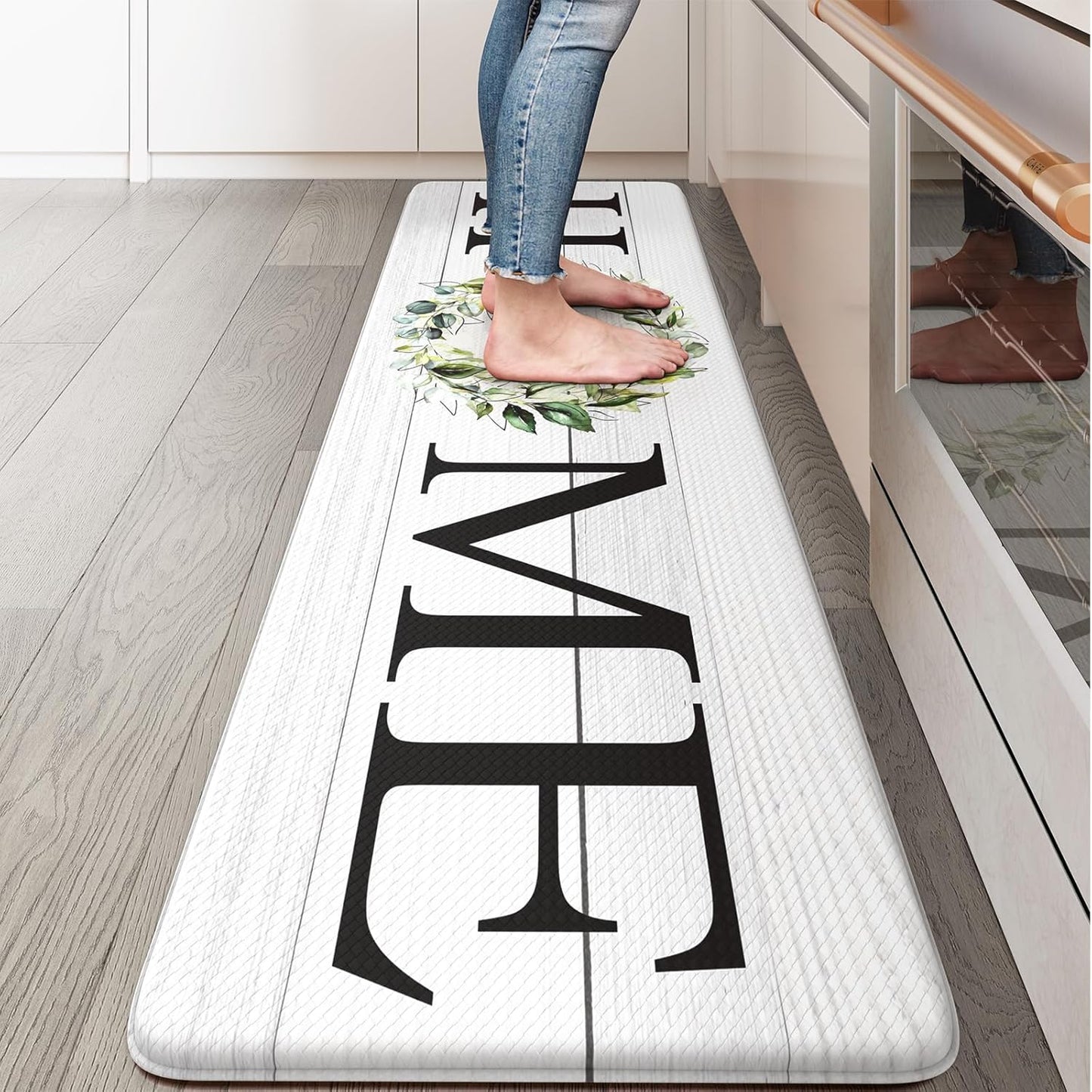 KIMODE Kitchen Anti Fatigue Rug Set of 2, Ergonomic Standing Kitchen Mat Set 2PCS, Farmhouse Kitchen Runner Stain Resistant, Non Slip Waterproof Kitchen Mats for Floor, 20" x 71" + 20" x 32", White