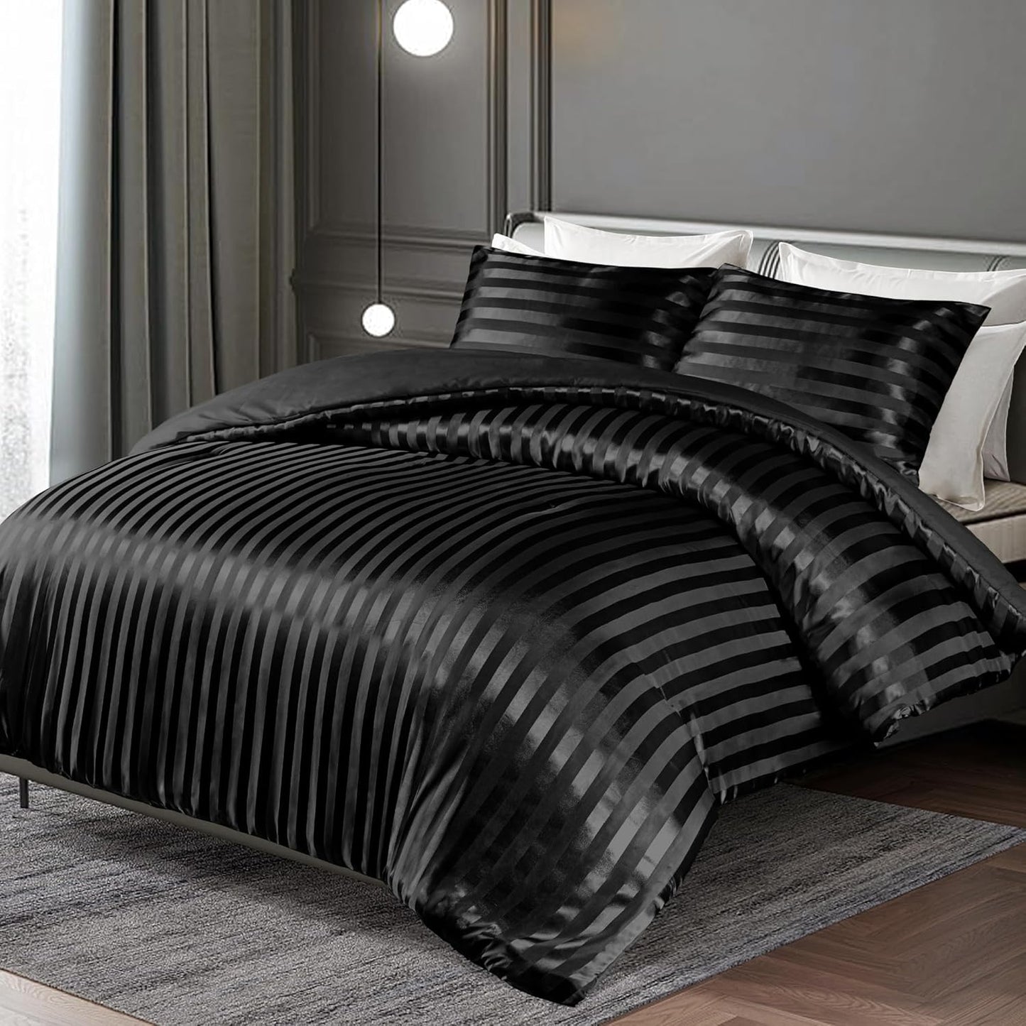 Whale Flotilla 3-Piece Reversible Silky Soft King Size Comforter Set, Luxury Stripe Satin Oversized Comforter Bedding Set with 2 Satin Pillowcases, Lightweight Duvet for All Seasons, Black