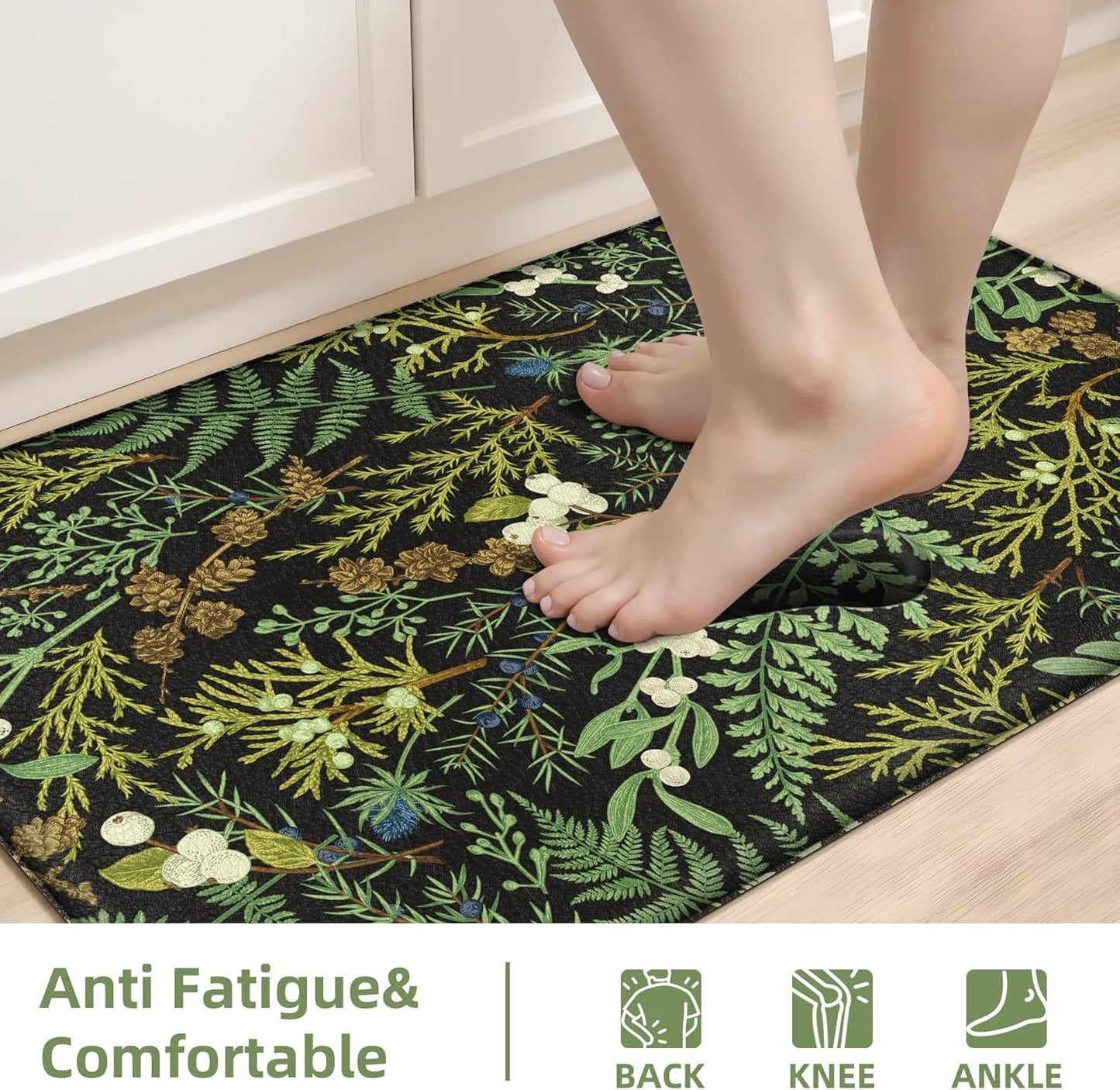 Black Green Botanical Kitchen Rugs Set of 2 Plant Leaf Anti-Fatigue Kitchen Mat Natural Comfort Standing Waterproof PVC Mats 2/5" Thick Leather Carpet for Laundry Office Sink(17.3" x28" + 17.3" x 59")
